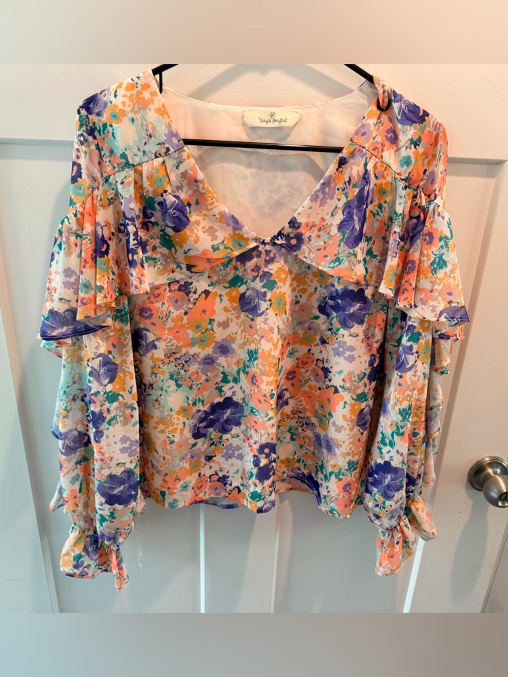 YIA YIA Ponytail Floral Blouse Womens Medium Ruffle Sleeve Boho V Neck Flowy Top